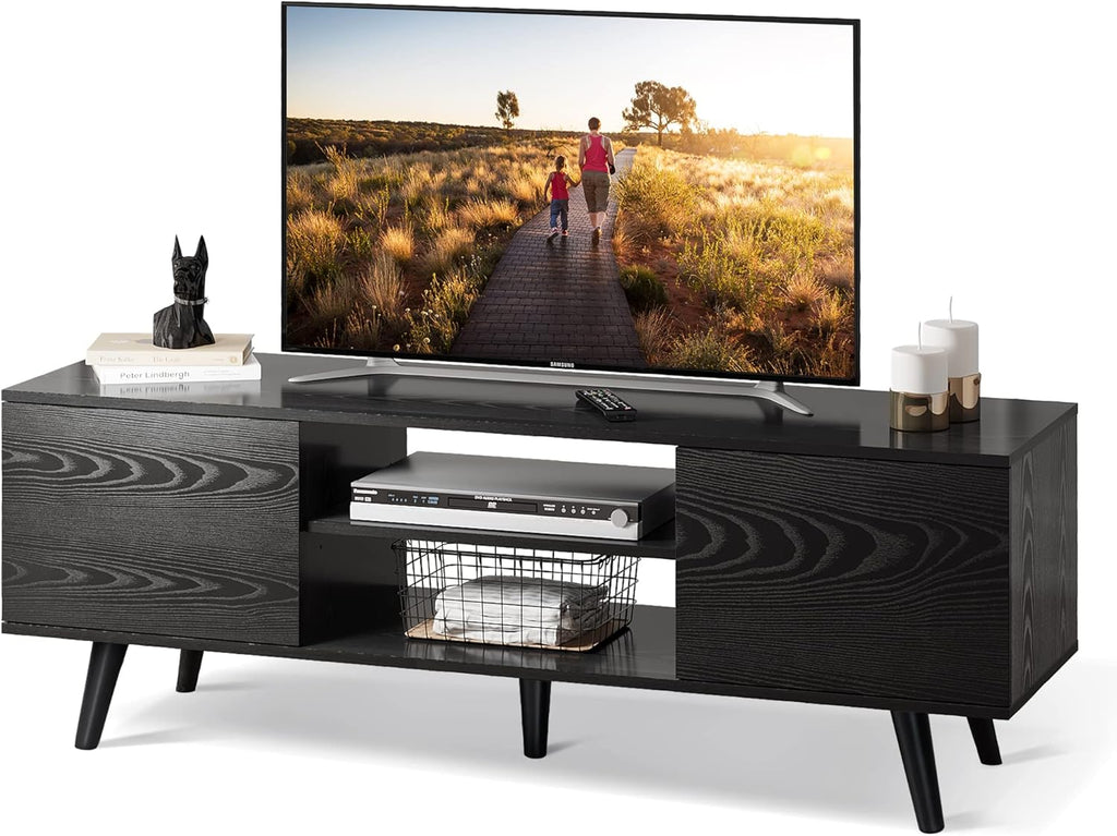Black TV Stand with Storage Cabinet and Open Shelves B534019