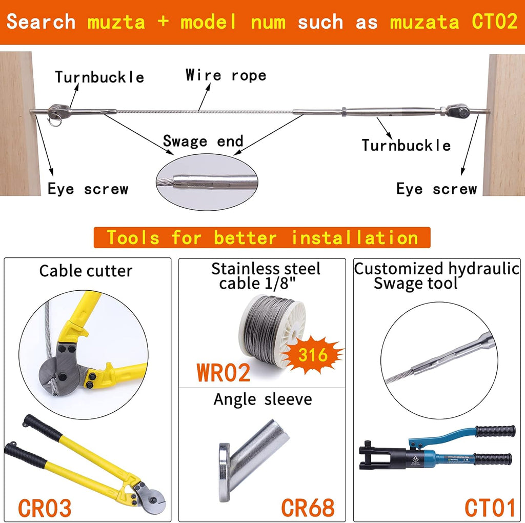 20 Set Cable Railing Kit 1/8 T316 Stainless Steel Turnbuckle Hardware Y127898