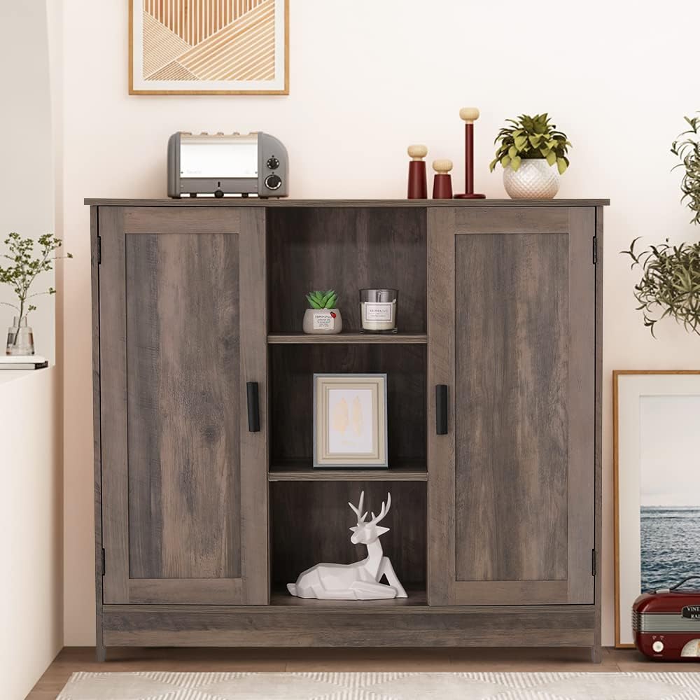Rustic Oak Wooden Storage Cabinet with 2 Doors and 2 Open Shelves Q4252