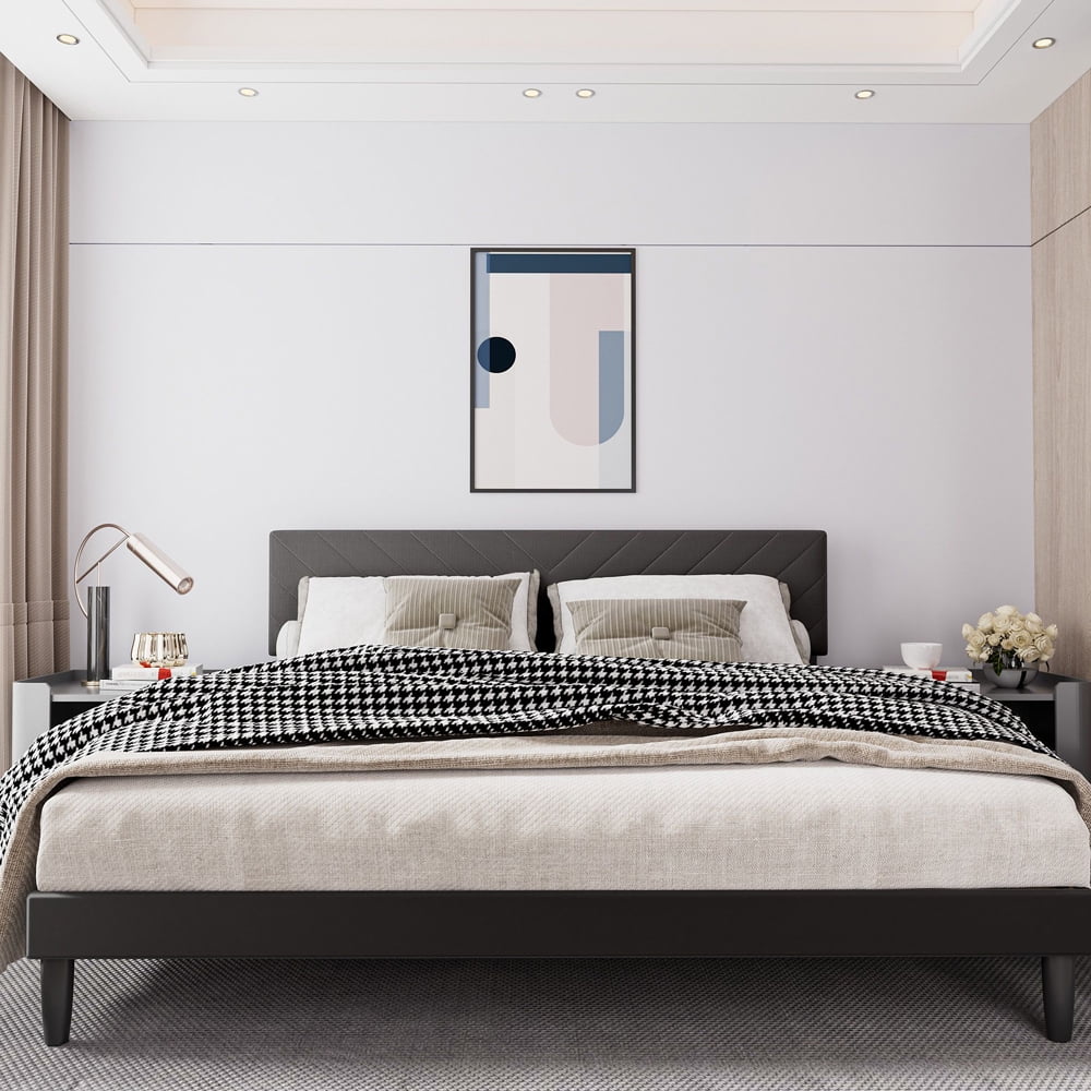 King Size Upholstered Platform Bed Frame with Adjustable Headboard N448
