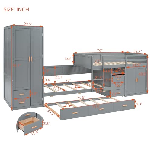 White Twin Over Twin Wood Bunk Bed with Trundle Q2516