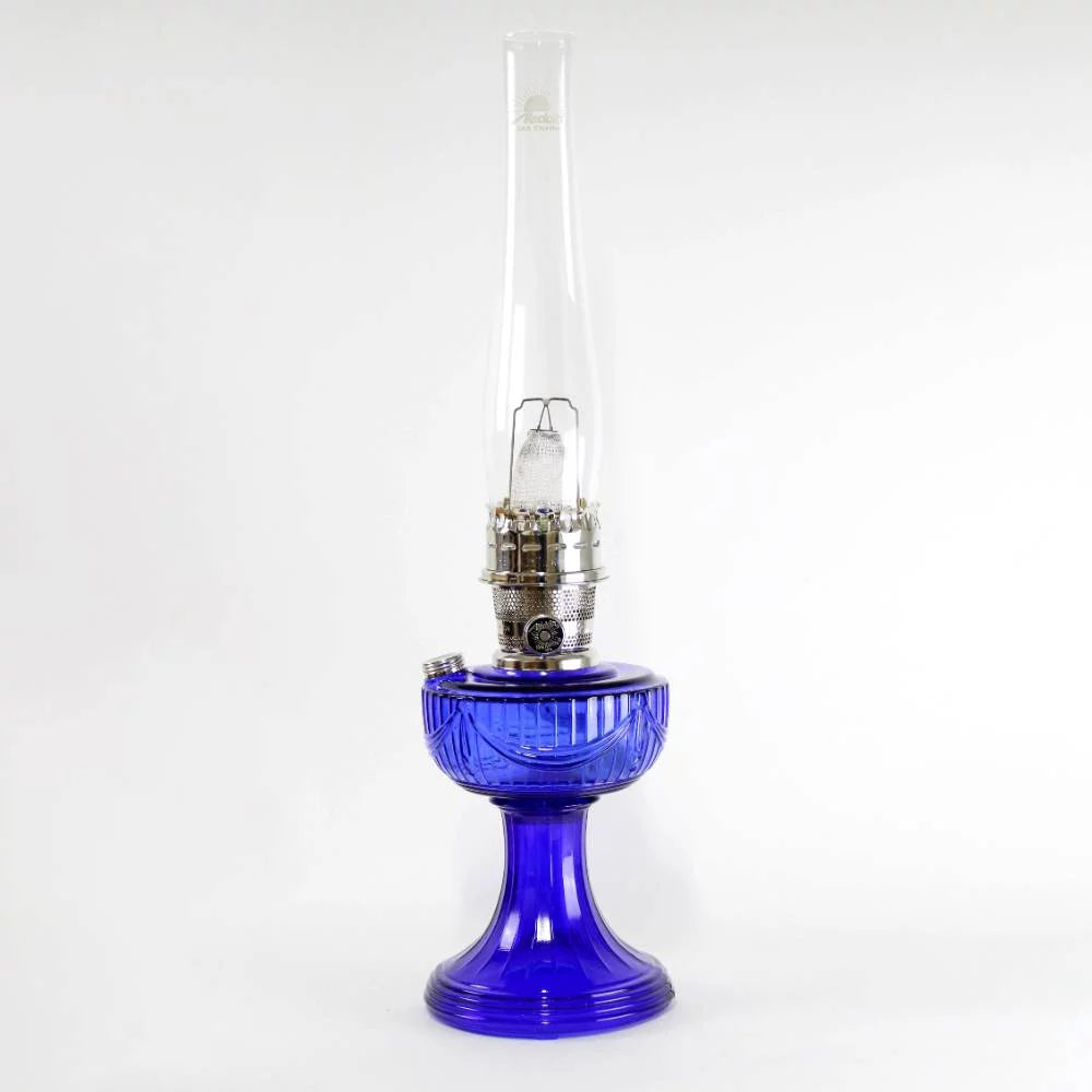Cobalt Glass Non-Electric Oil Lamp with Blue Meadow Shade T643
