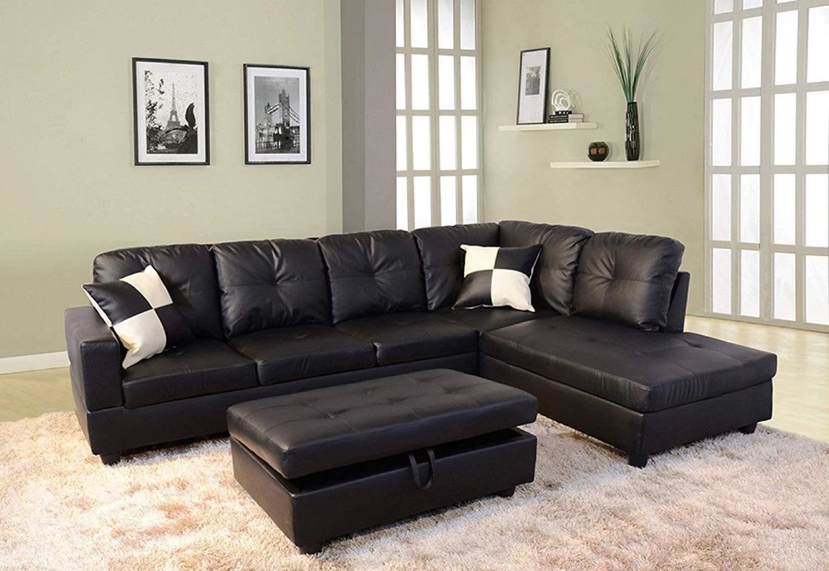 L-Shape Faux Leather Sectional Sofa with Chaise and Ottoman V953