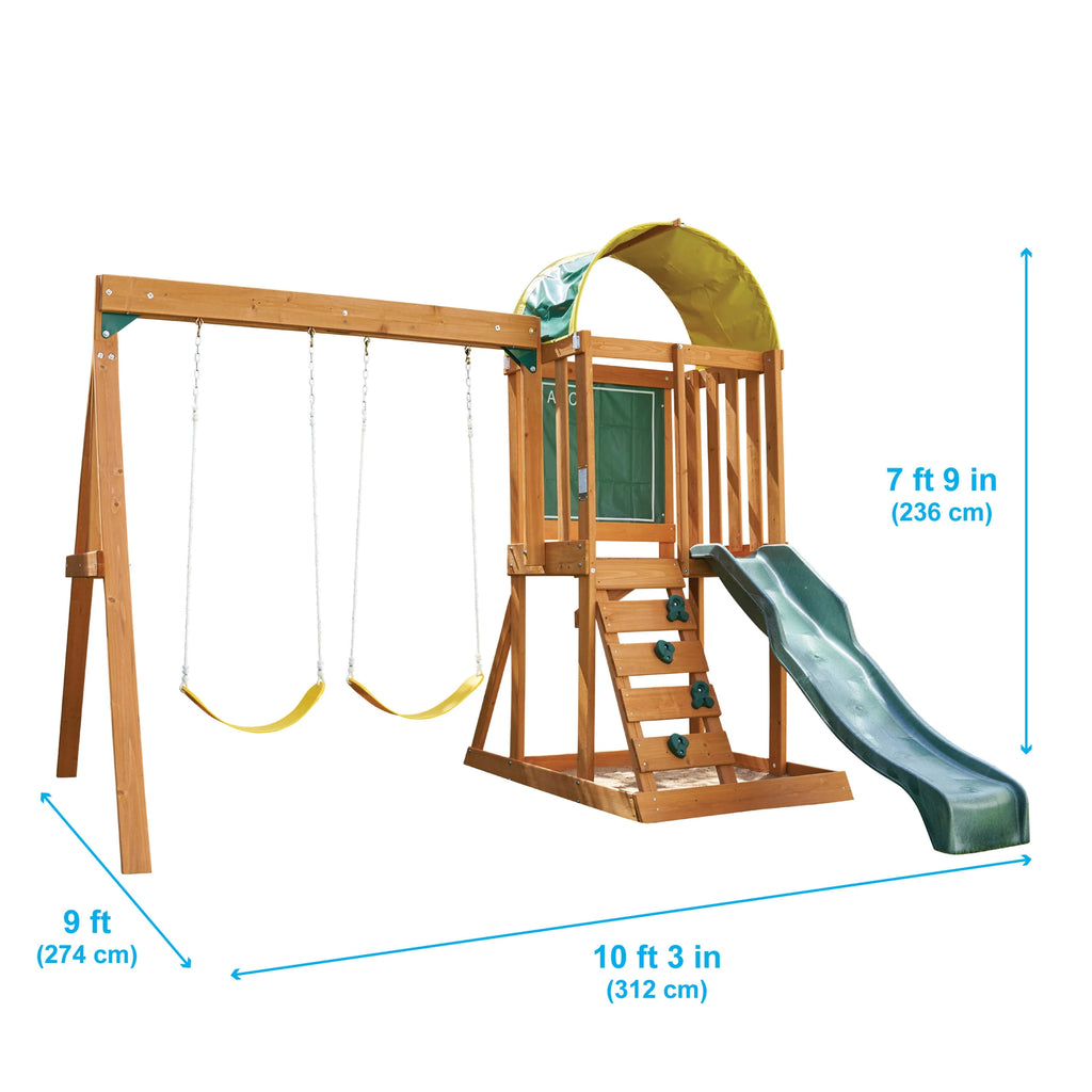 Wooden Outdoor Swing Set with Slide and Rock Wall W6342
