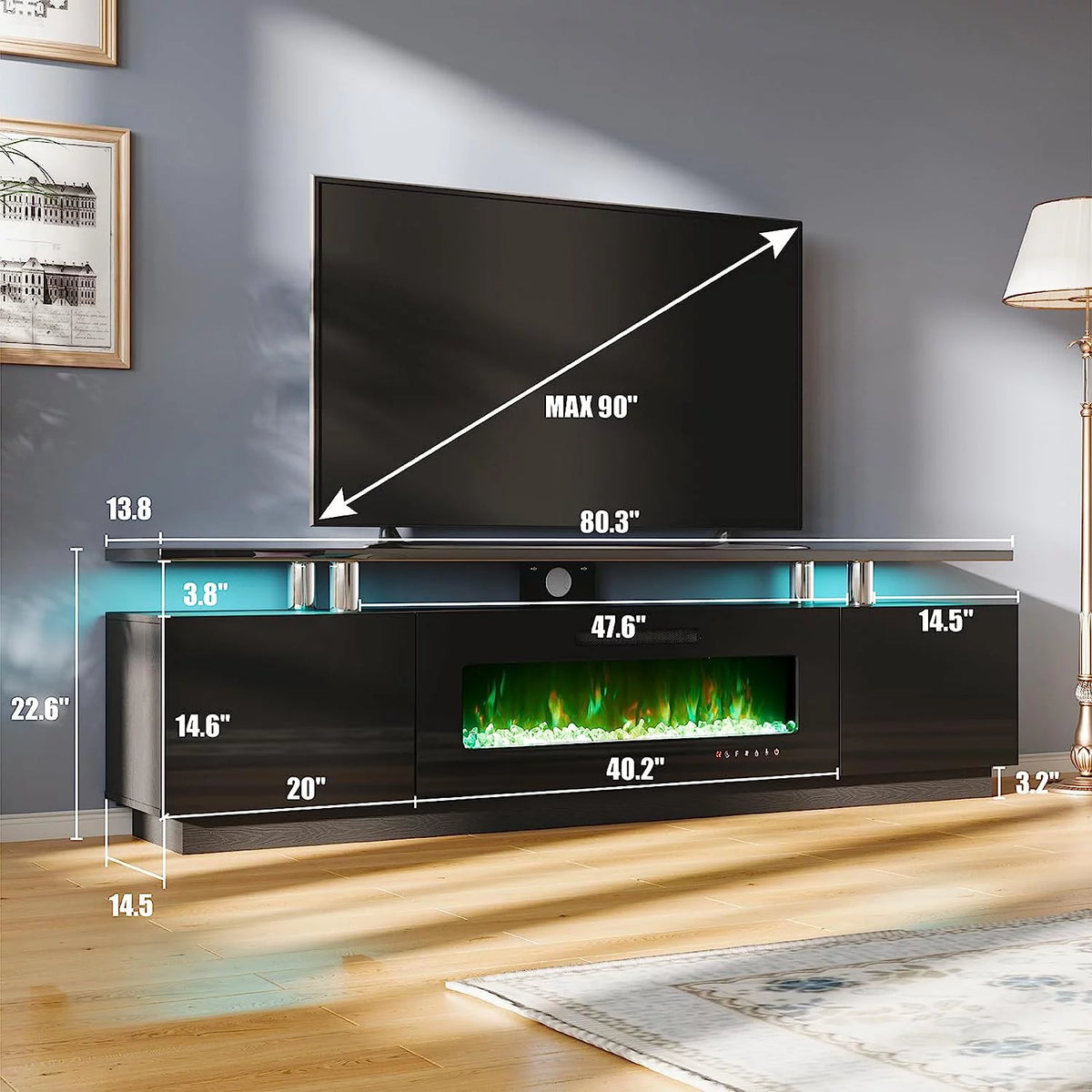 2 Tiers Fireplace TV Stand with 40" Fireplace, 80" High Gloss Entertainment Center, Obsidian Black N73912