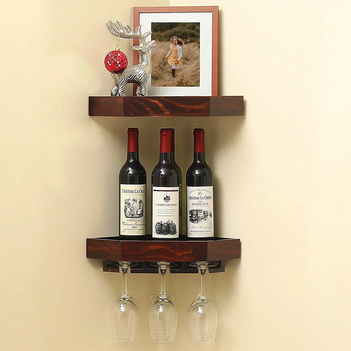 Rustic Wood Corner Floating Shelves Wine Rack 2 Pack F6835