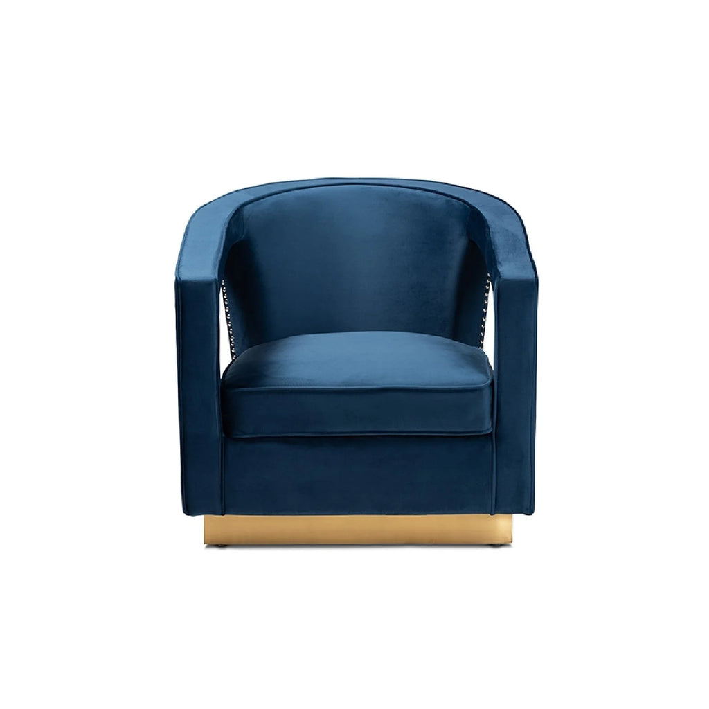 Navy Blue Velvet Fabric Upholstered Gold Finished Metal Armchair R24604