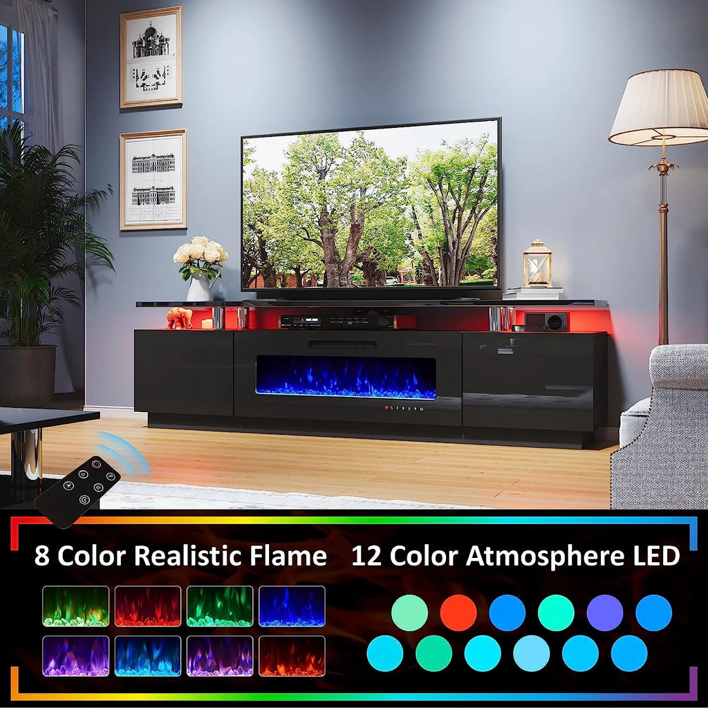 2 Tiers Fireplace TV Stand with 40" Fireplace, 80" High Gloss Entertainment Center, Obsidian Black N73912