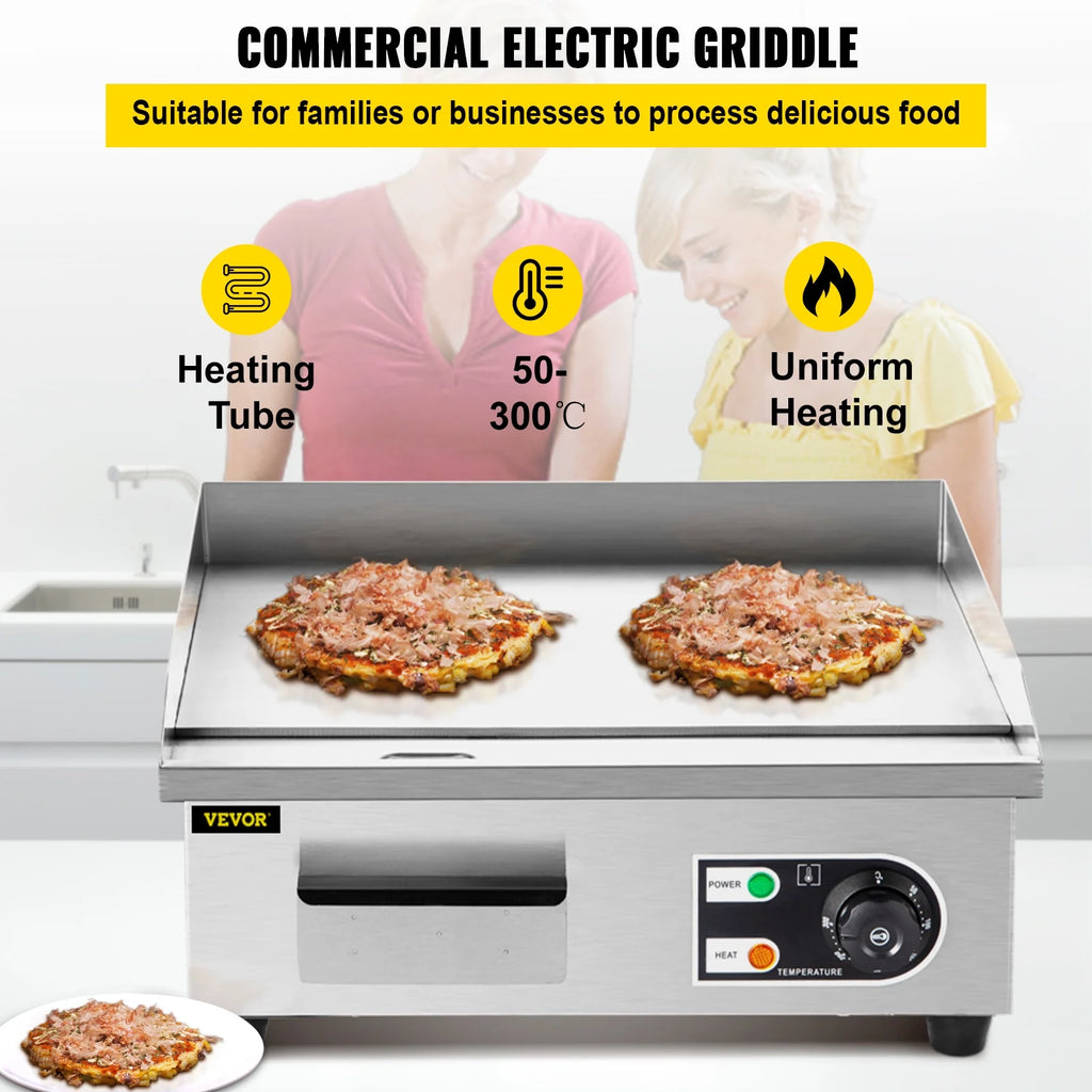 14" Electric Countertop Flat Top Griddle 1500W Non-Stick Stainless Steel S11594
