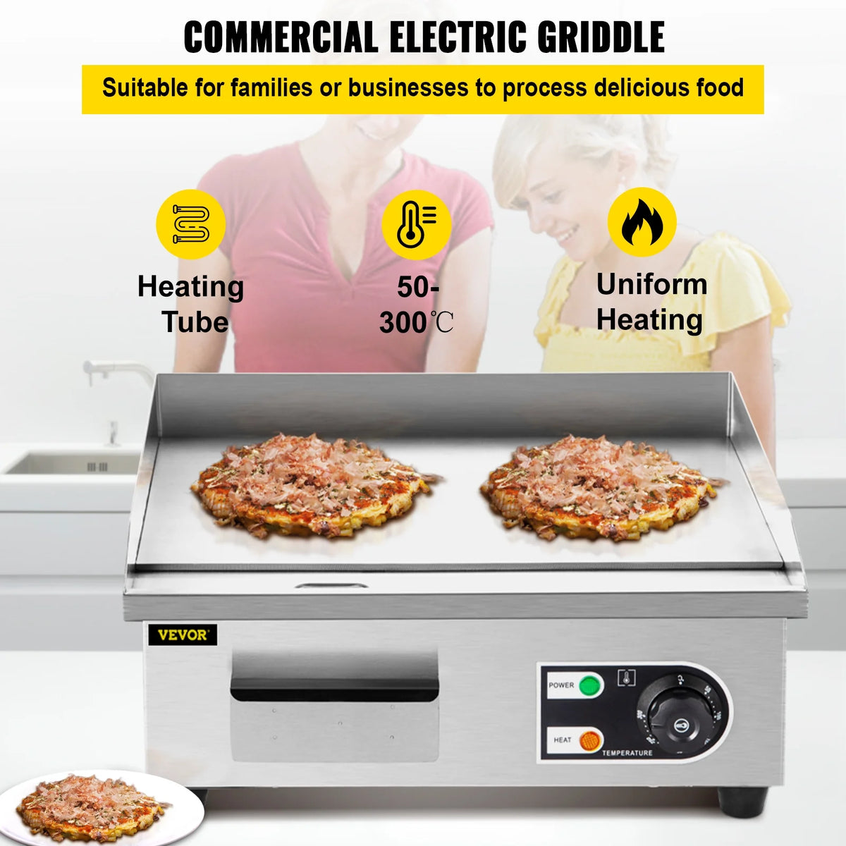 14" Electric Countertop Flat Top Griddle 1500W Non-Stick Stainless Steel S11594