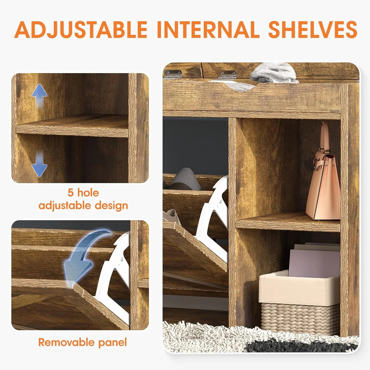 Rustic Brown Shoe Storage Bench with Flip Drawer O915640