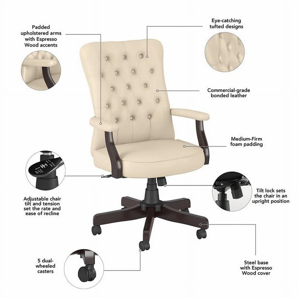 Antique White Leather Tufted Office Chair with Arms B77385
