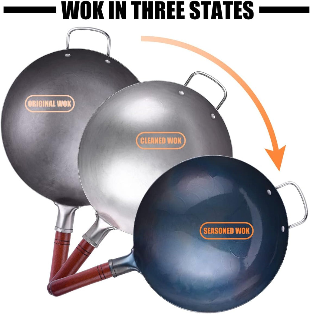 Carbon Steel Hand Hammered Wok Pan Set with 8 Pcs Cookware Accessories G912515