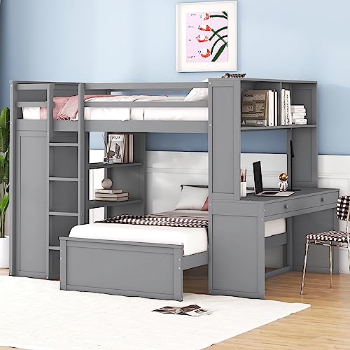 Twin Size Loft Bed with Built-in Desk & Wardrobes, Wood Bedframe with 4 Drawers & 4 Shelves, Gray A47920