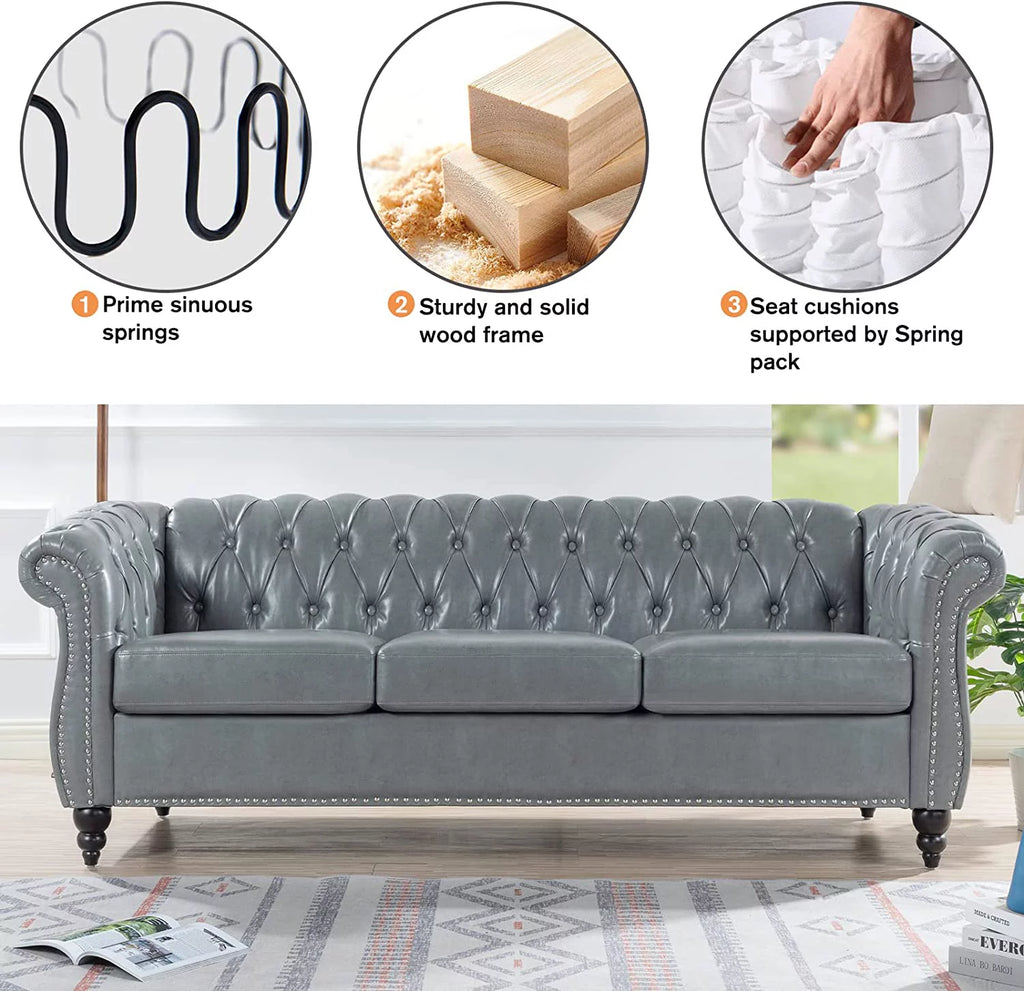 84" Gray Leather Chesterfield 3-Seater Sofa G554903