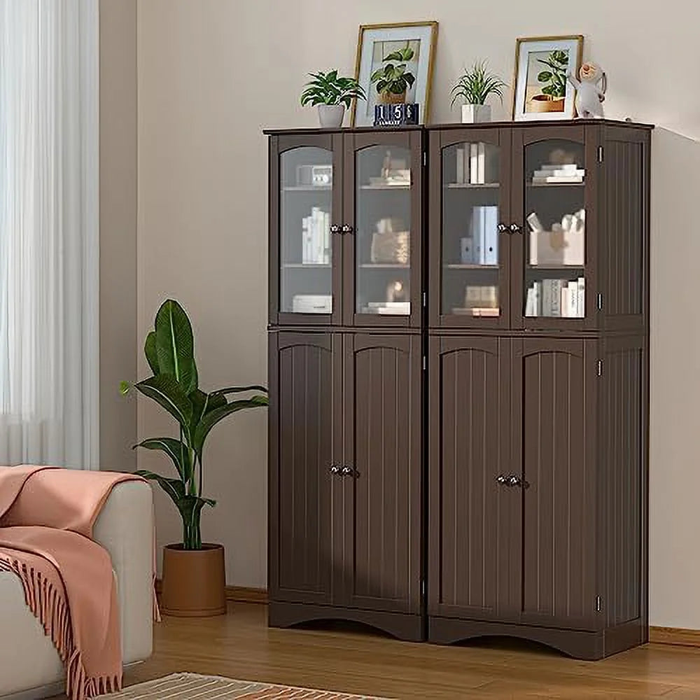 64" Kitchen Pantry Cabinet with Glass Doors and Adjustable Shelves L293
