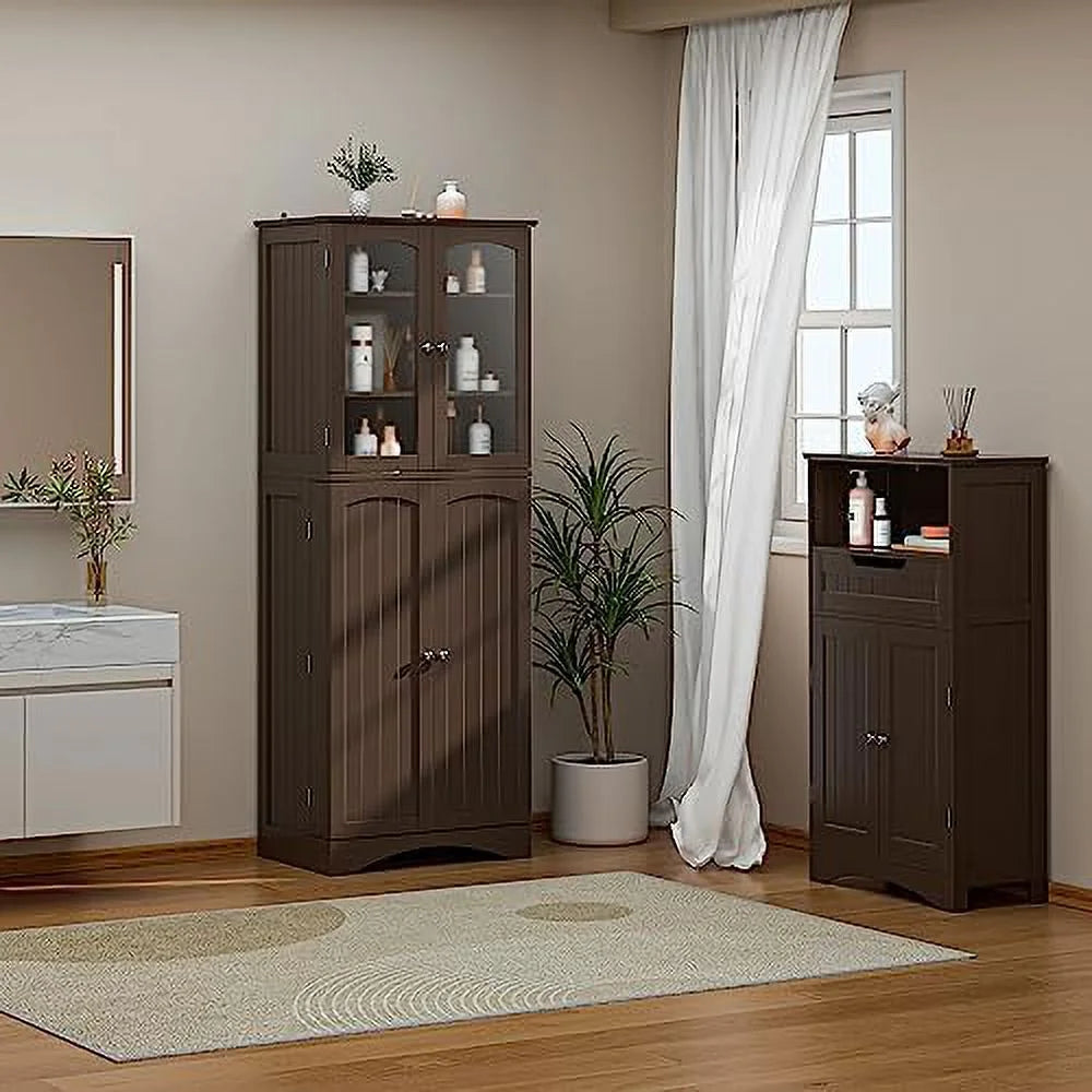 64" Kitchen Pantry Cabinet with Glass Doors and Adjustable Shelves L293