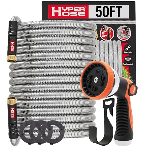 100 ft Stainless Steel Garden Hose Set with Spray Nozzle & Hook V66781