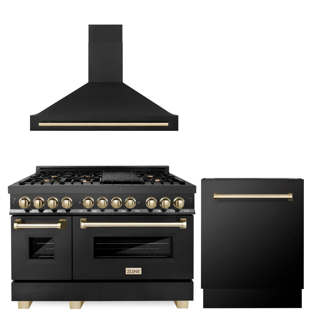 48 In. Dual Fuel Range, Range Hood and Dishwasher in Black Stainless Steel H319