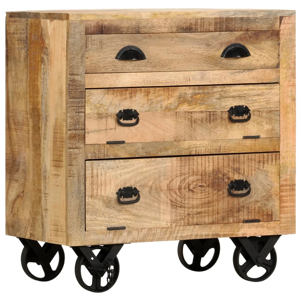 Mango Wood Side Table with Storage Drawers and Wheels W59941