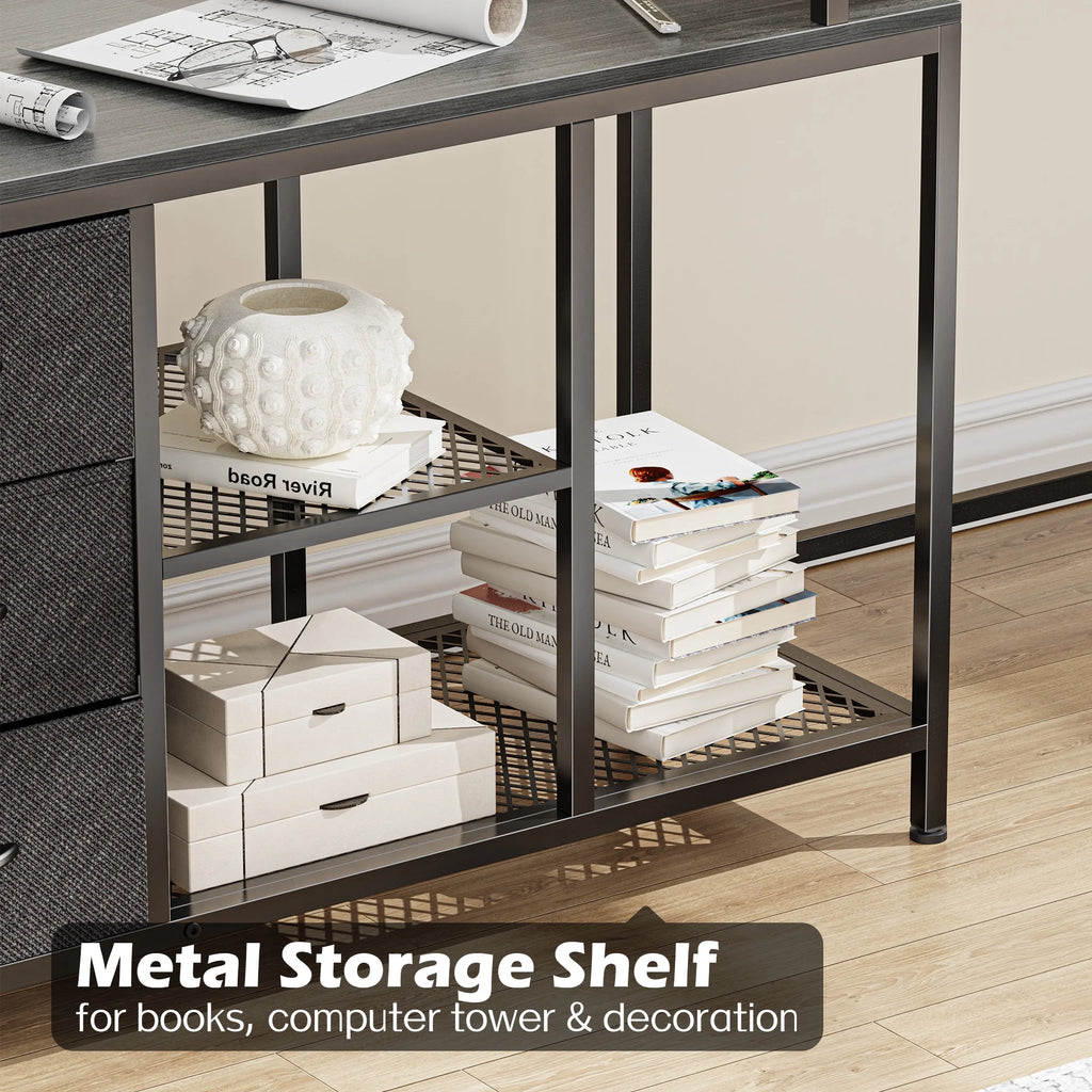 L Shaped Desk with Power Outlets, Fabric Drawer & Storage Shelves, Gray S124300