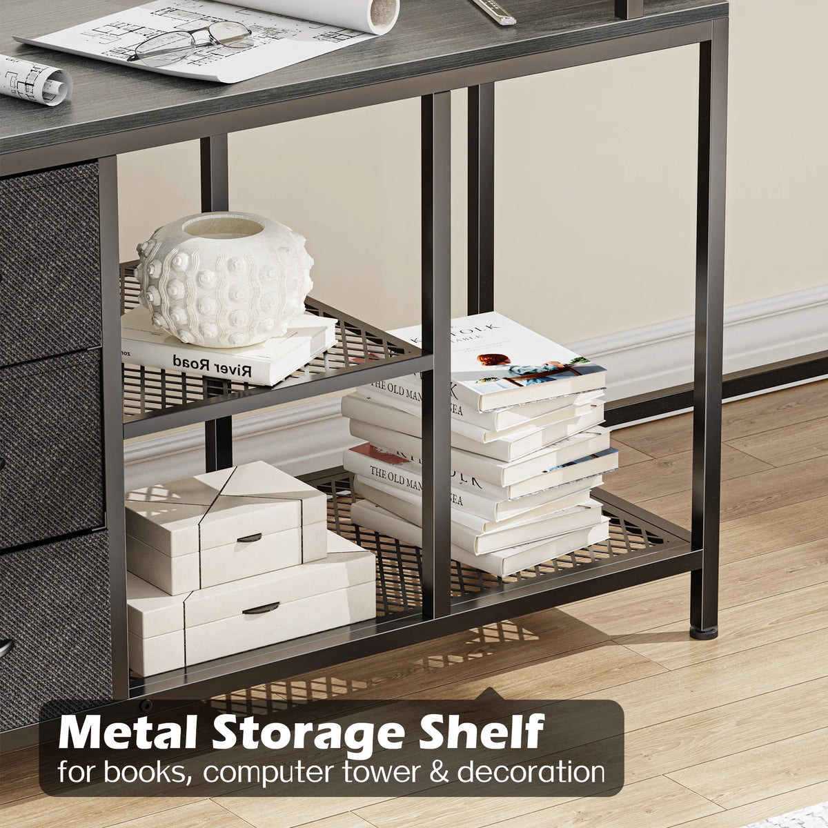 L Shaped Desk with Power Outlets, Fabric Drawer & Storage Shelves, Gray S124300