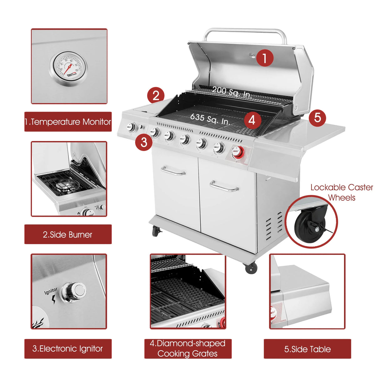 Stainless Steel 6-Burner Gas Grill with Side Burner E4891