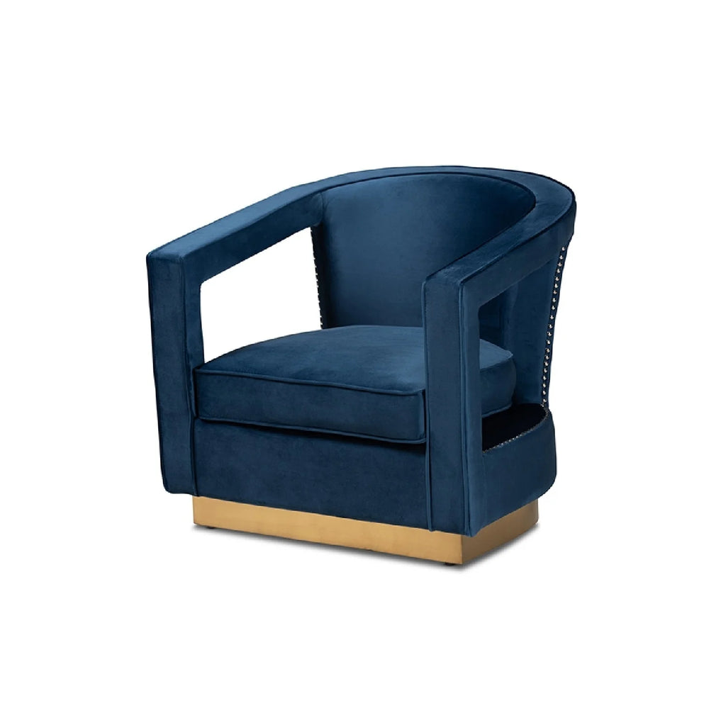 Navy Blue Velvet Fabric Upholstered Gold Finished Metal Armchair R24604