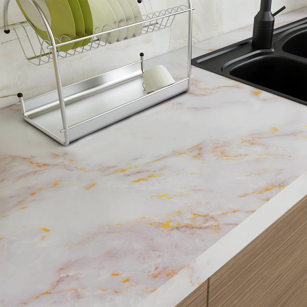 24"x160" White Gold Marble Peel and Stick Contact Paper A45042