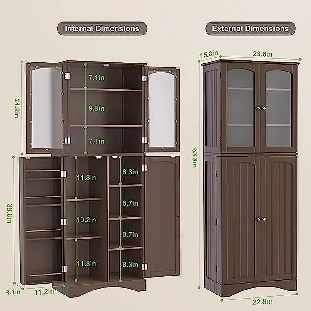64" Kitchen Pantry Cabinet with Glass Doors and Adjustable Shelves L293