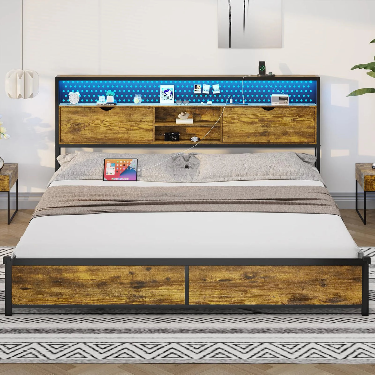 King LED Bed Frame with Storage Headboard and Charging Station R469784
