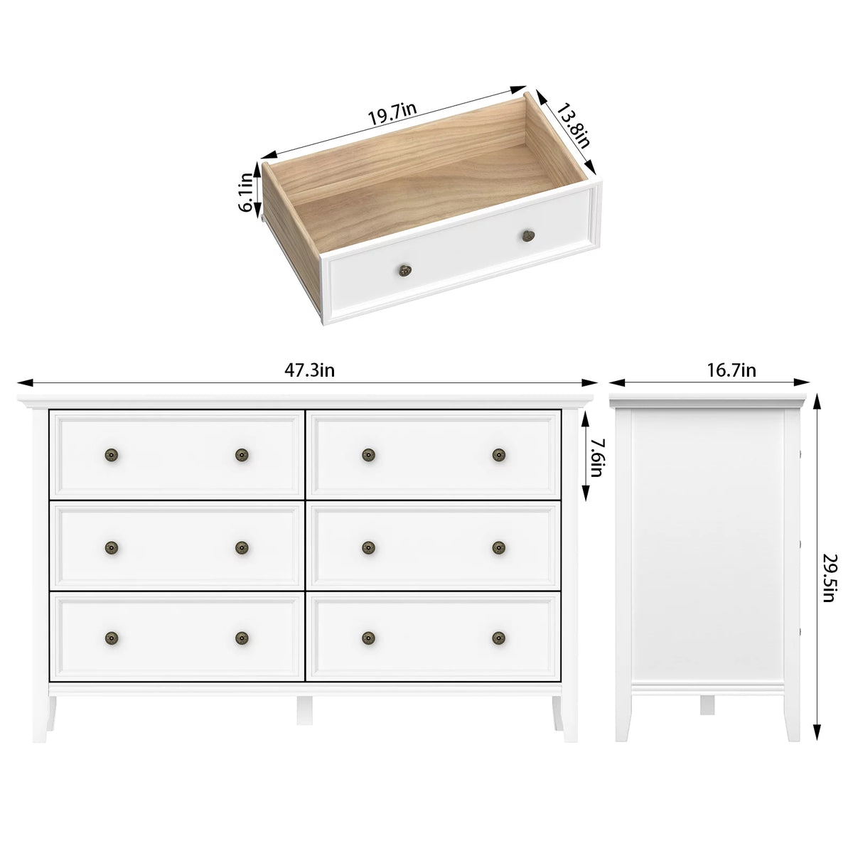 White 6 Drawer Solid Wood Dresser K37772