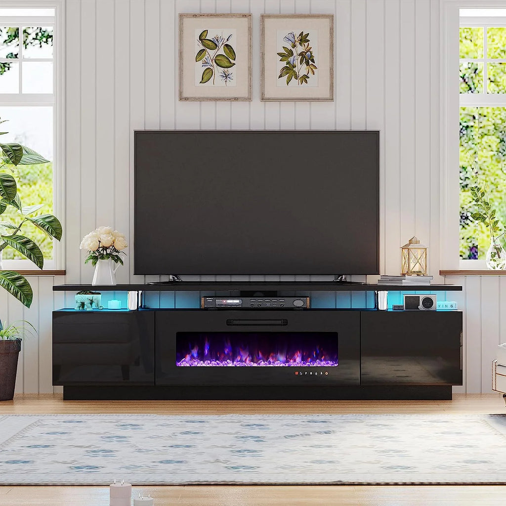 2 Tiers Fireplace TV Stand with 40" Fireplace, 80" High Gloss Entertainment Center, Obsidian Black N73912