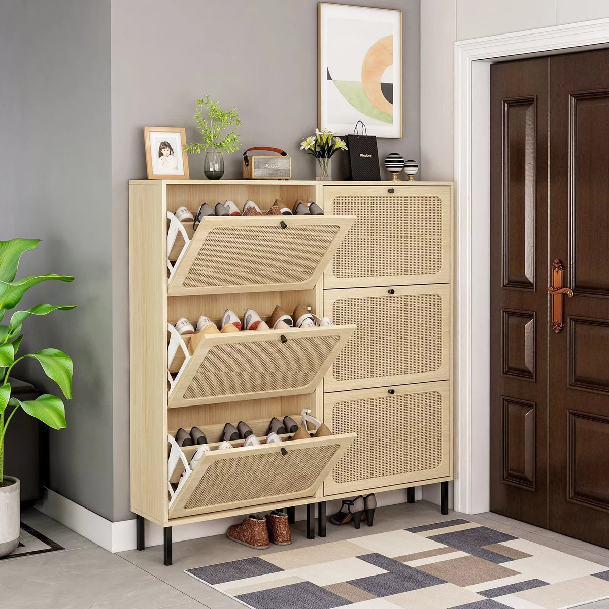 3 Flip Drawer Rattan Shoe Cabinet with Adjustable Shelves T469