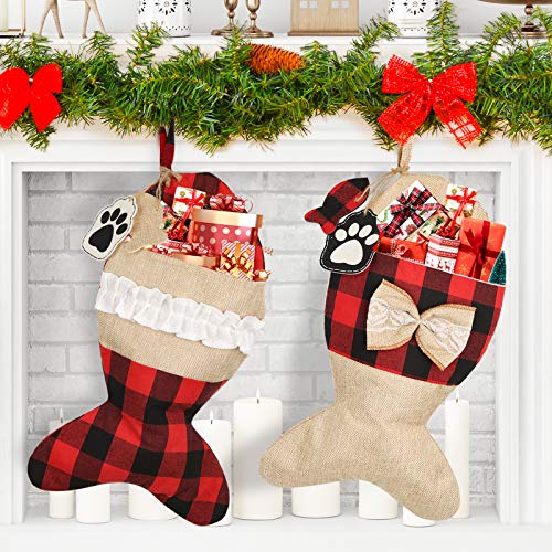 2 Pack 19 Inch Burlap Red Black Buffalo Plaid Christmas Stockings B216