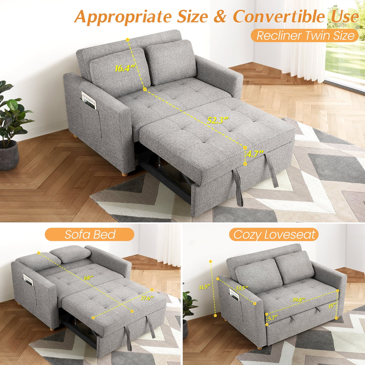 Gray Linen Convertible Sleeper Sofa Bed J481364
