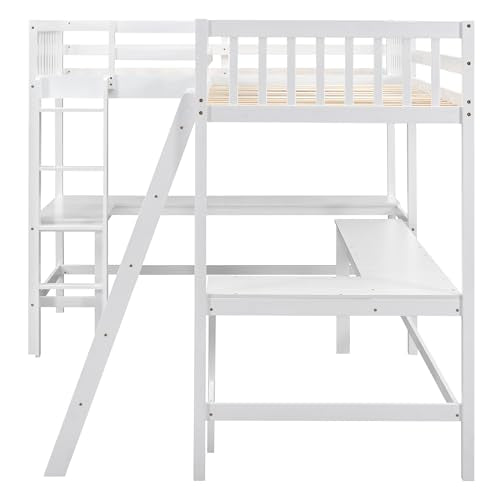 White L-Shaped Wood Twin Size Loft Bed with Desk and Ladder V35515