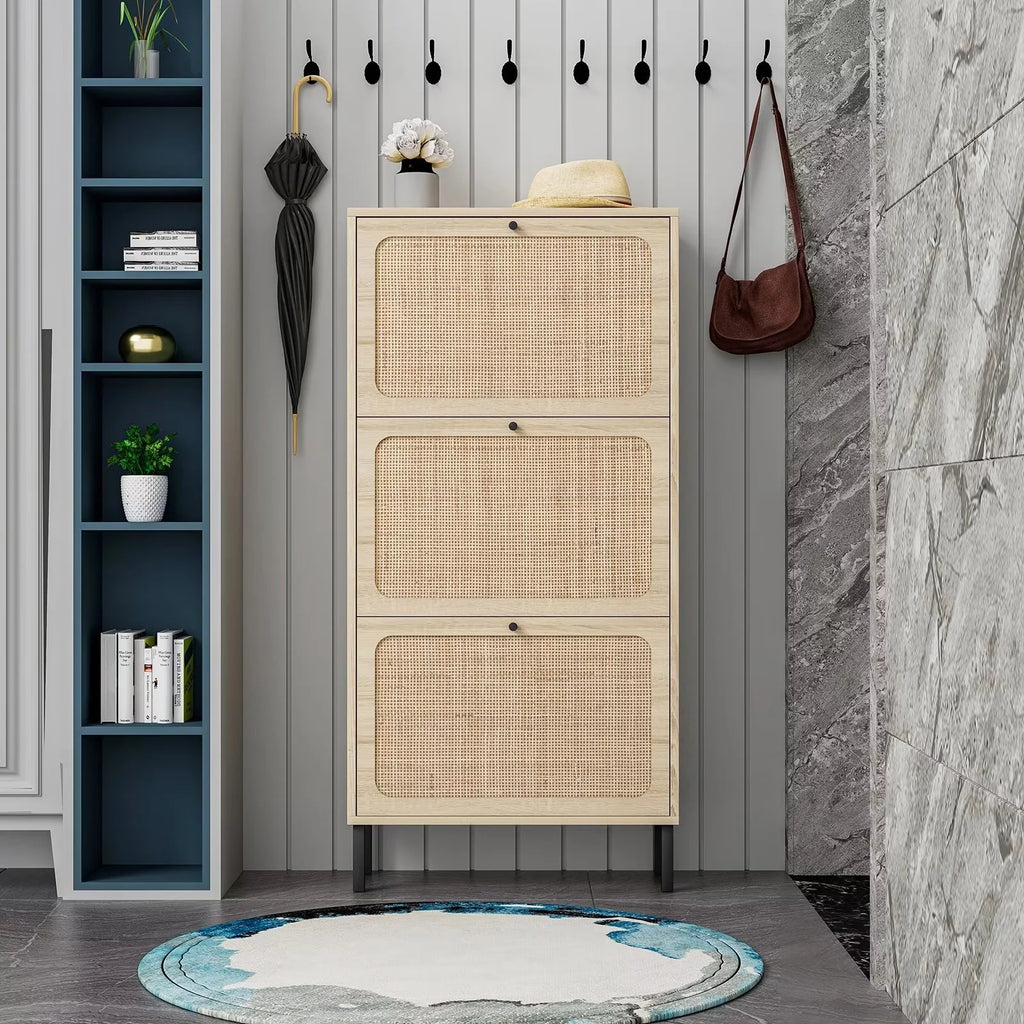3 Flip Drawer Rattan Shoe Cabinet with Adjustable Shelves T469