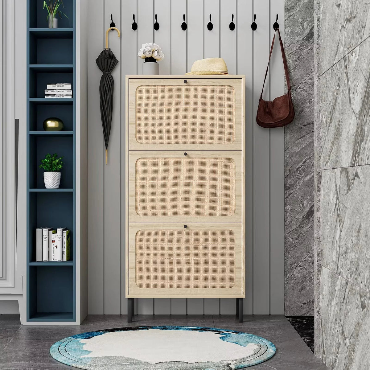 3 Flip Drawer Rattan Shoe Cabinet with Adjustable Shelves T469