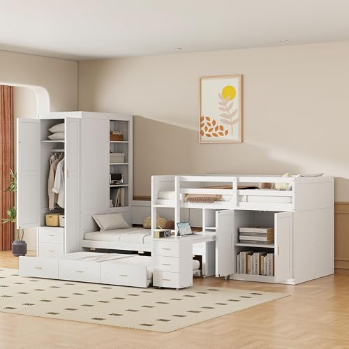 White Twin Over Twin Wood Bunk Bed with Trundle Q2516