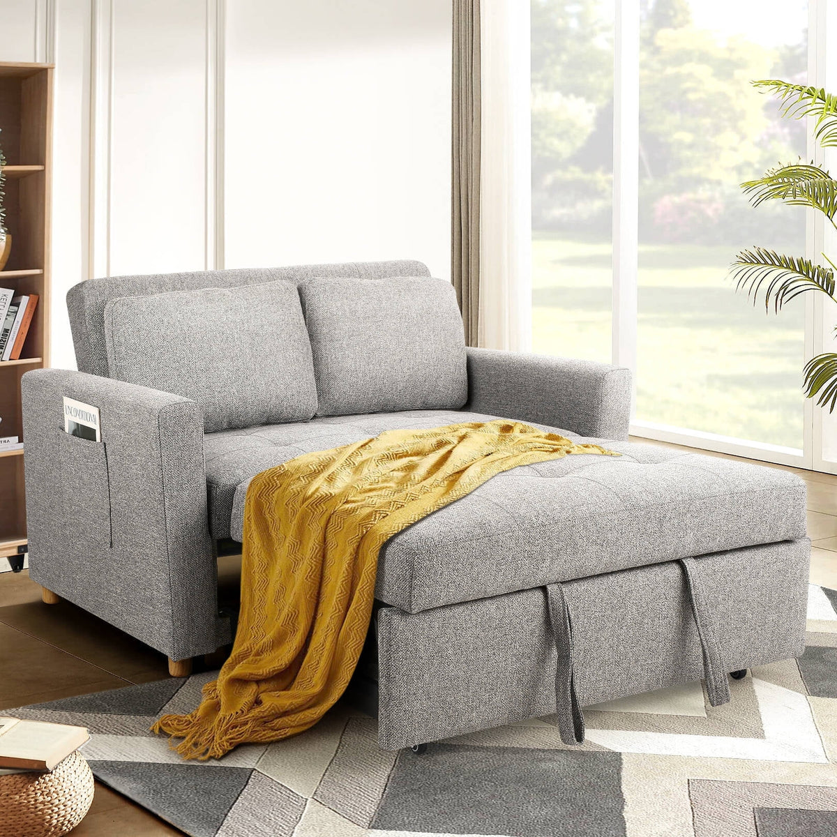 Gray Linen Convertible Sleeper Sofa Bed J481364