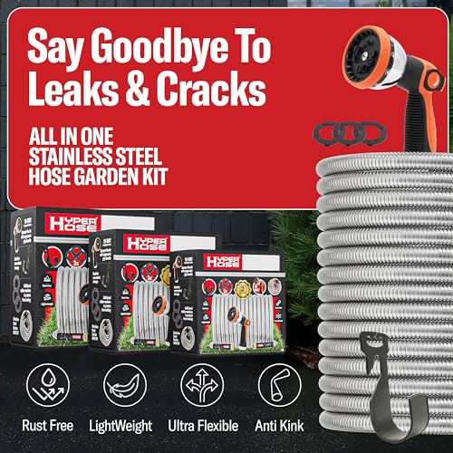 100 ft Stainless Steel Garden Hose Set with Spray Nozzle & Hook V66781