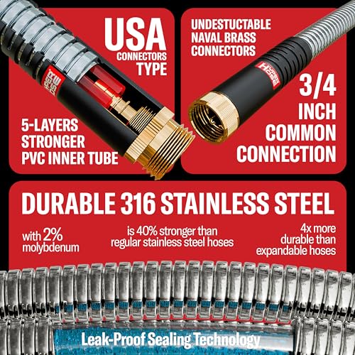 100 ft Stainless Steel Garden Hose Set with Spray Nozzle & Hook V66781