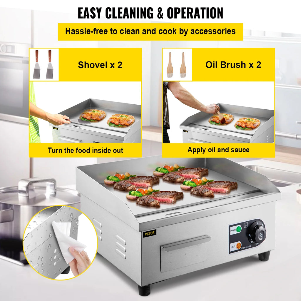 14" Electric Countertop Flat Top Griddle 1500W Non-Stick Stainless Steel S11594