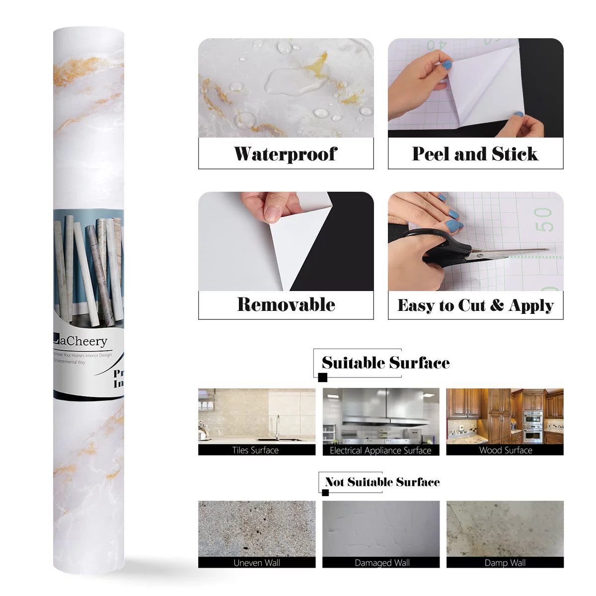 24"x160" White Gold Marble Peel and Stick Contact Paper A45042