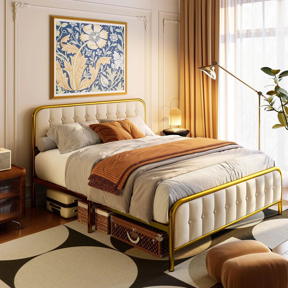 Beige Full Size Bed Frame with Headboard M6958