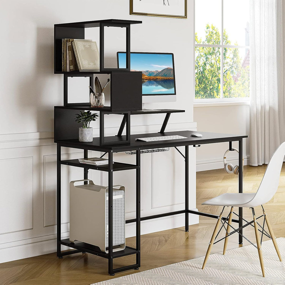 Black Home Office Desk with 5-Tier Bookshelf J94080