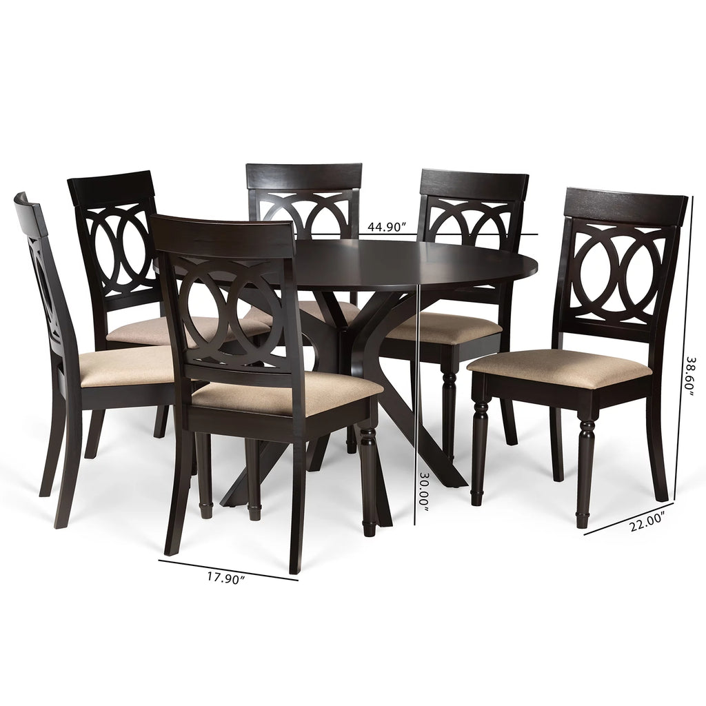Sand Fabric Upholstered Dark Brown Wood 7-Piece Dining Set P980