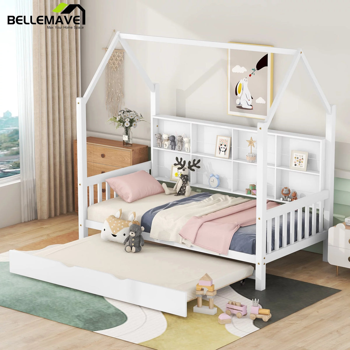 Twin Size Solid Wood House Bed with Trundle and Storage Shelves O31830