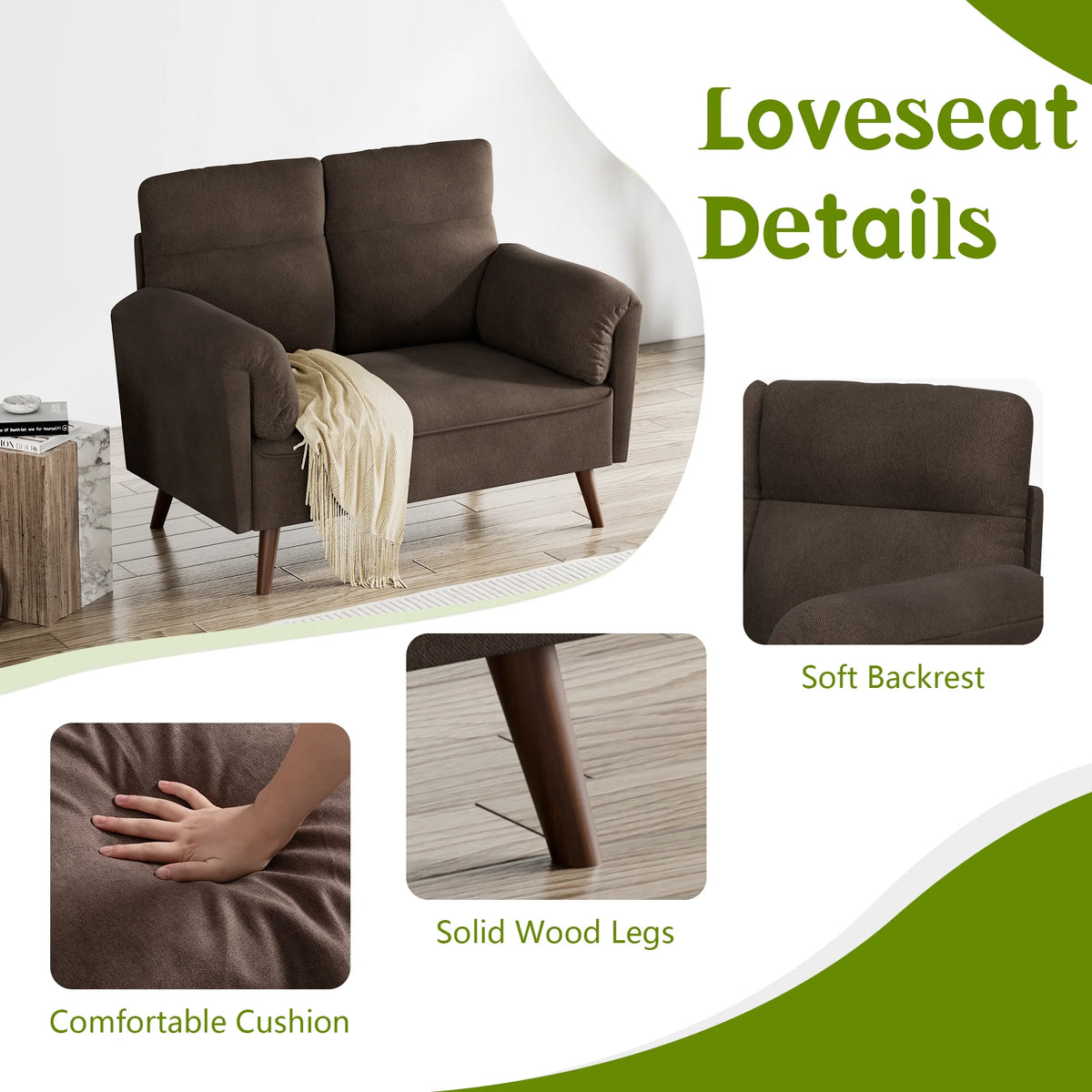 49'' Dark Gray Upholstered Loveseat Sofa with Wood Legs X957144